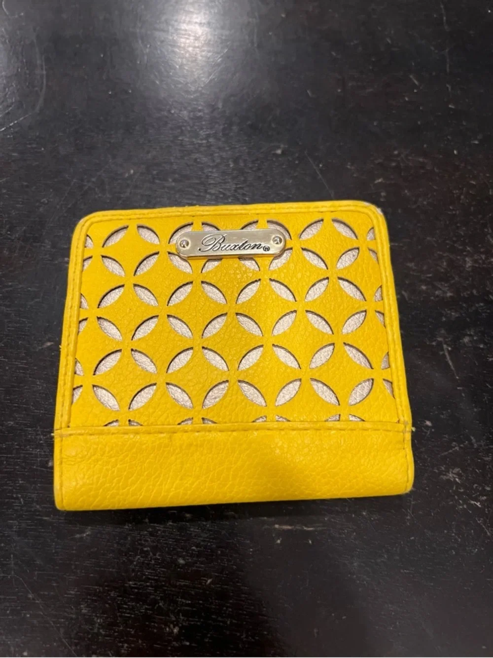 Buxton Yellow Cutout Pattern Wallet with Silver Logo Plaque